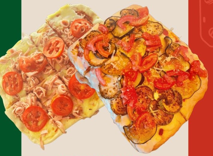 Two flatbread pizzas, one topped with ham and tomato, the other with grilled vegetables and tomato